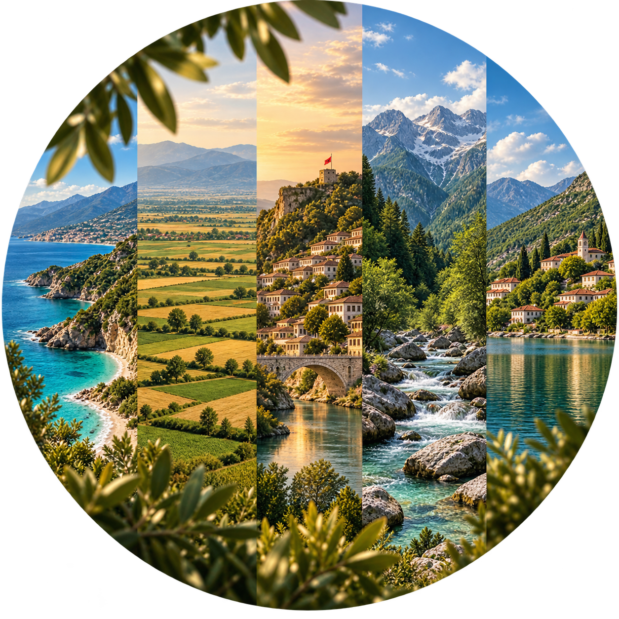 Collage of Albanian coastal, agricultural, heritage and mountain landscapes representing the eight agrifood clusters