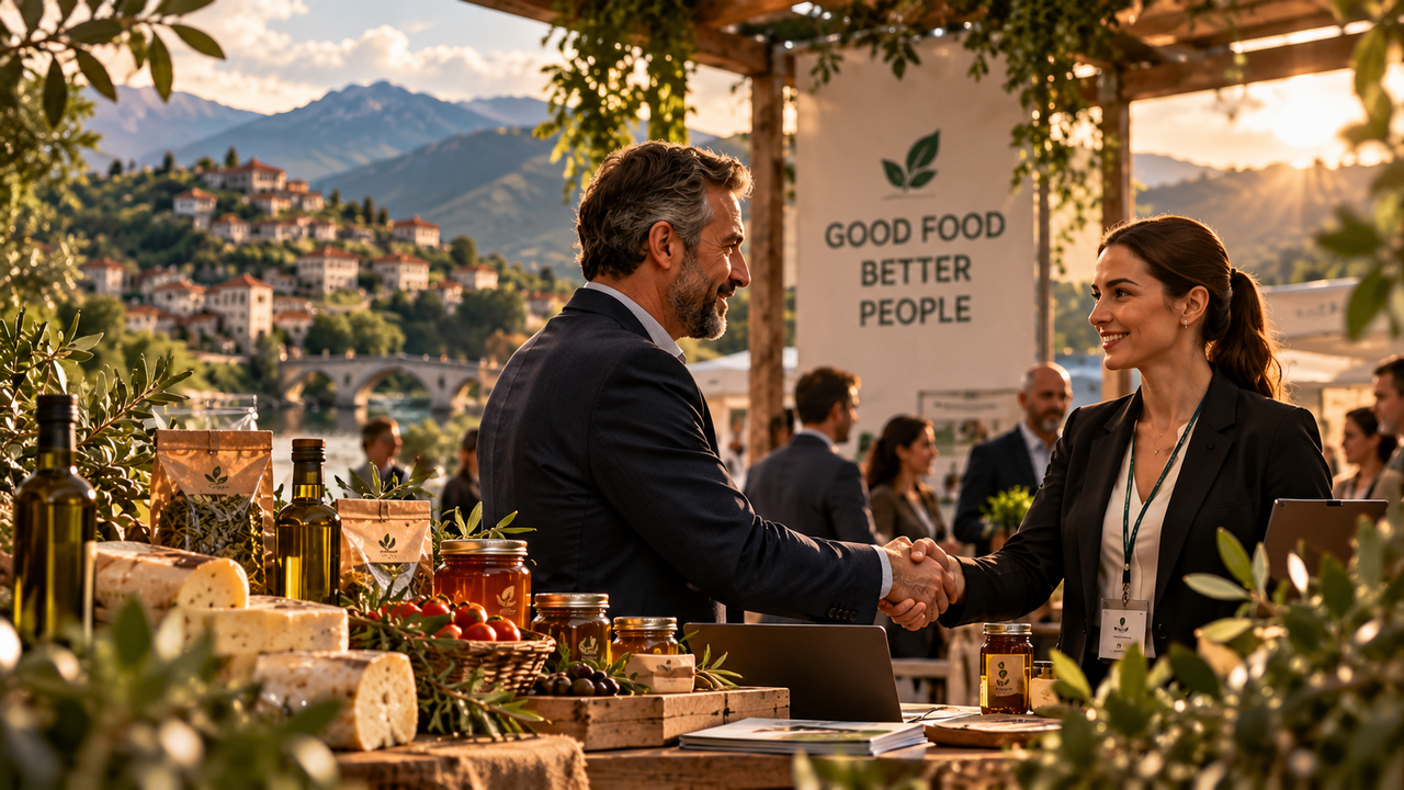 Business representatives shaking hands in front of an Albanian agrifood trade booth