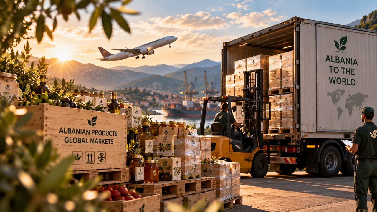 Crates of Albanian products being loaded for export beside a cargo container and airplane