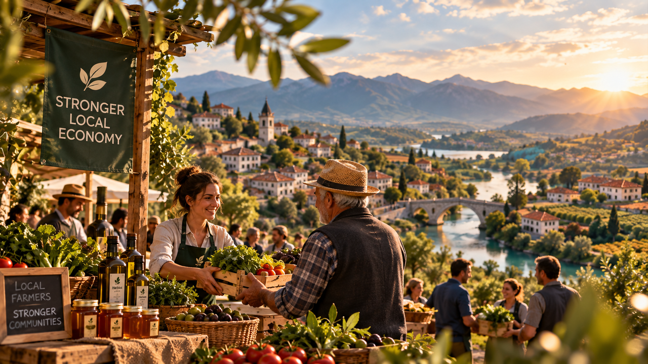 Local farmers and communities exchanging Albanian products in a market setting