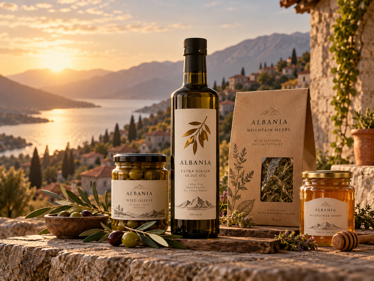Fresh Albanian tomatoes, olive oil, olives, cheese and bread displayed outdoors