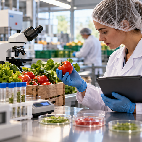 Food safety scientist inspecting fresh produce in a laboratory