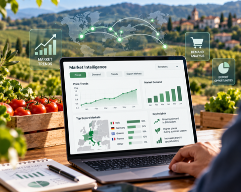 Market intelligence dashboard showing agrifood prices, demand and export opportunities